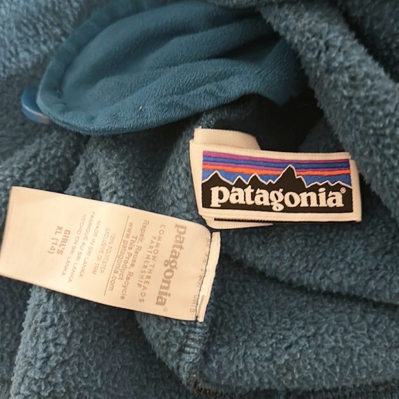 Patagonia Blue Teal Long Sleeve Collar Fleece Jacket Coat girls size XL 14 - Picture 8 of 8